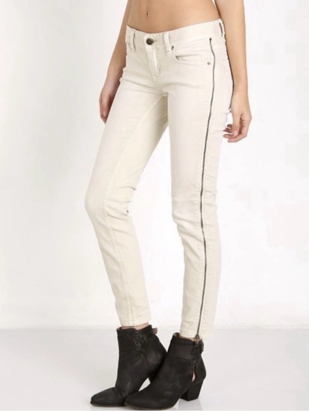 Free People Levon Zipper Skinny Stretch Jeans In Bone Size 28 Cotton Blend Beige